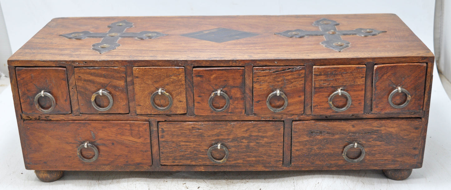 Vintage Wooden 10 Drawers Jewelery Storage Box Original Old Hand Crafted