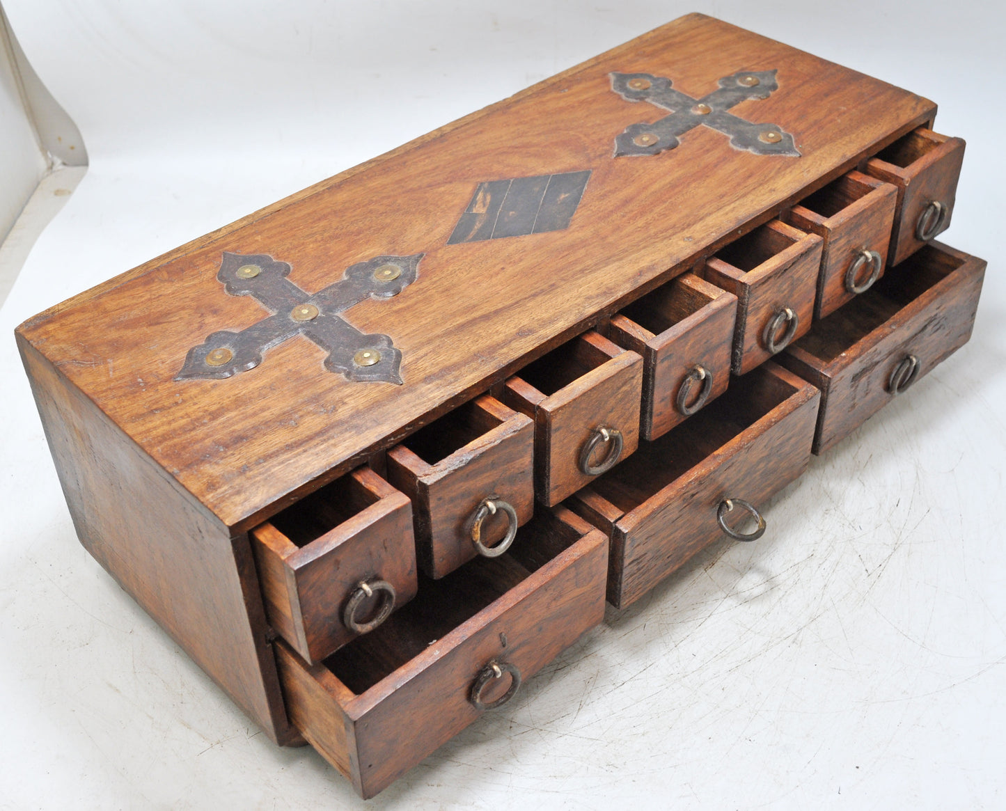 Vintage Wooden 10 Drawers Jewelery Storage Box Original Old Hand Crafted