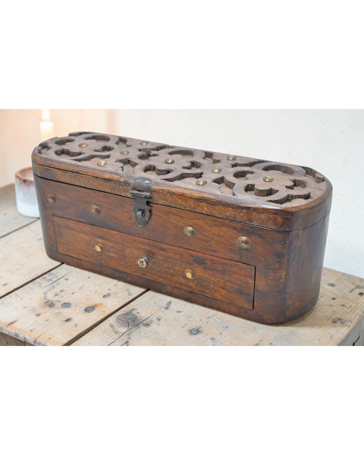 Vintage Wooden Oval Storage Box Original Old Hand Crafted Carved