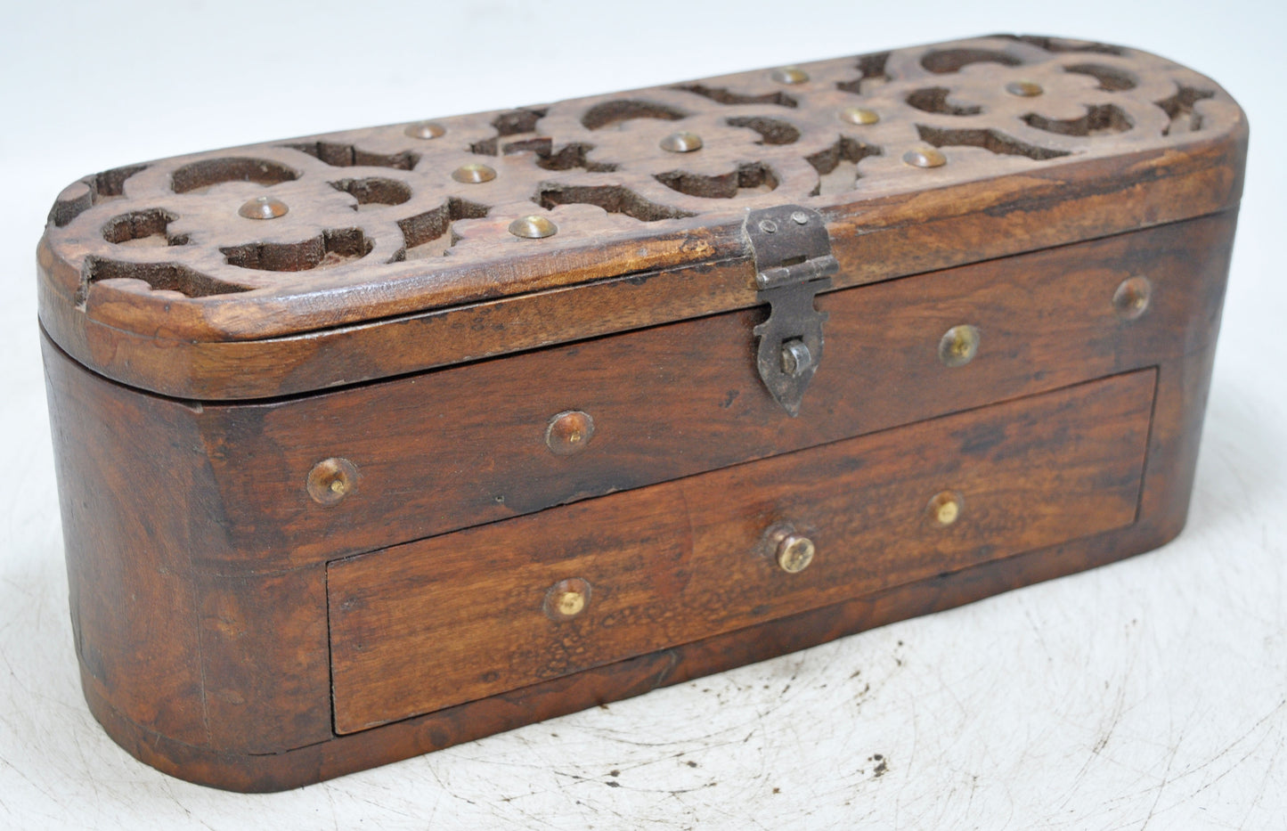 Vintage Wooden Oval Storage Box Original Old Hand Crafted Carved