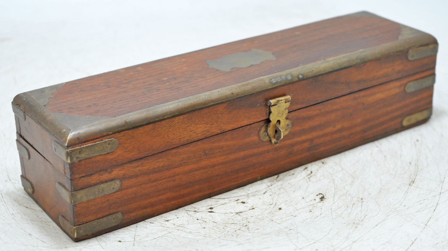 Vintage Wooden Long Pencil Stationary Box Original Old Brass Fitted
