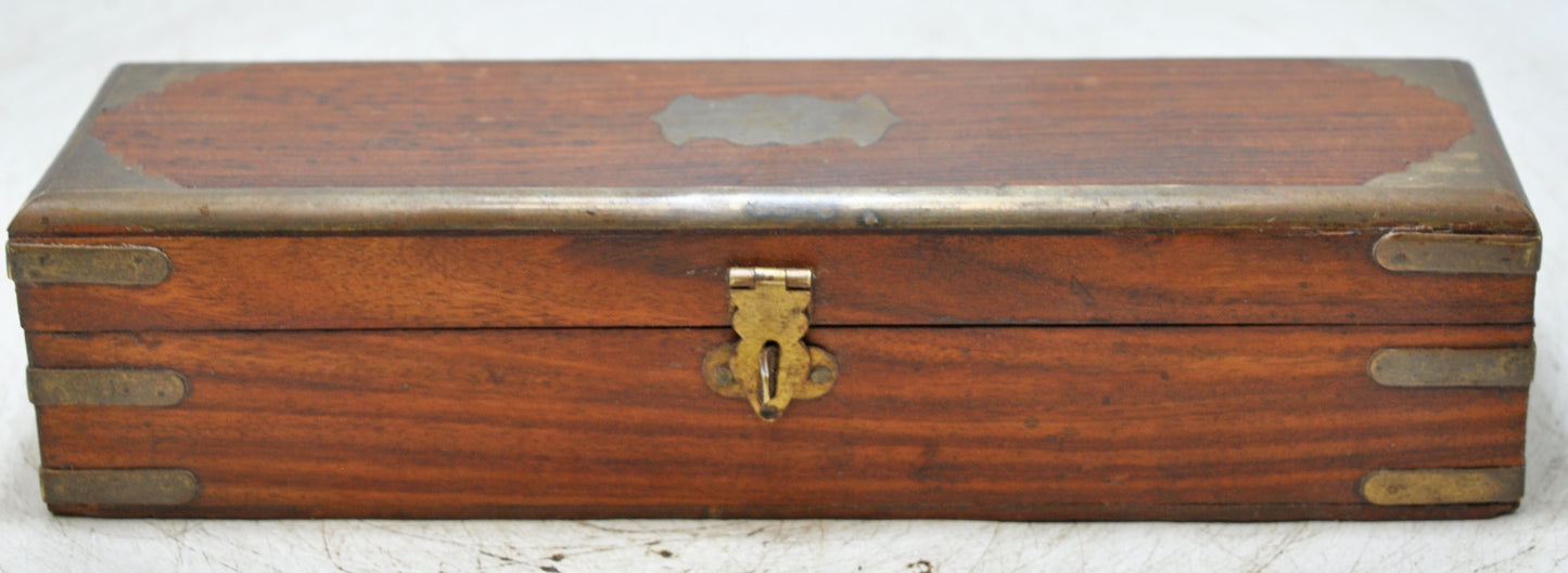 Vintage Wooden Long Pencil Stationary Box Original Old Brass Fitted