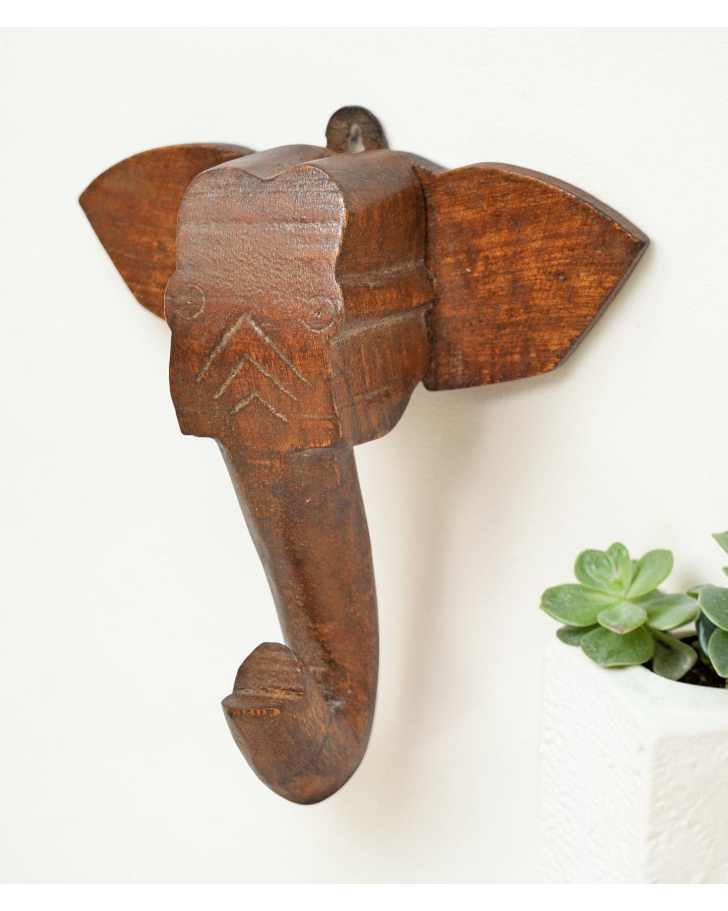 Vintage Wooden Small Elephant Head Wall Hanging Original Old Hand Carved