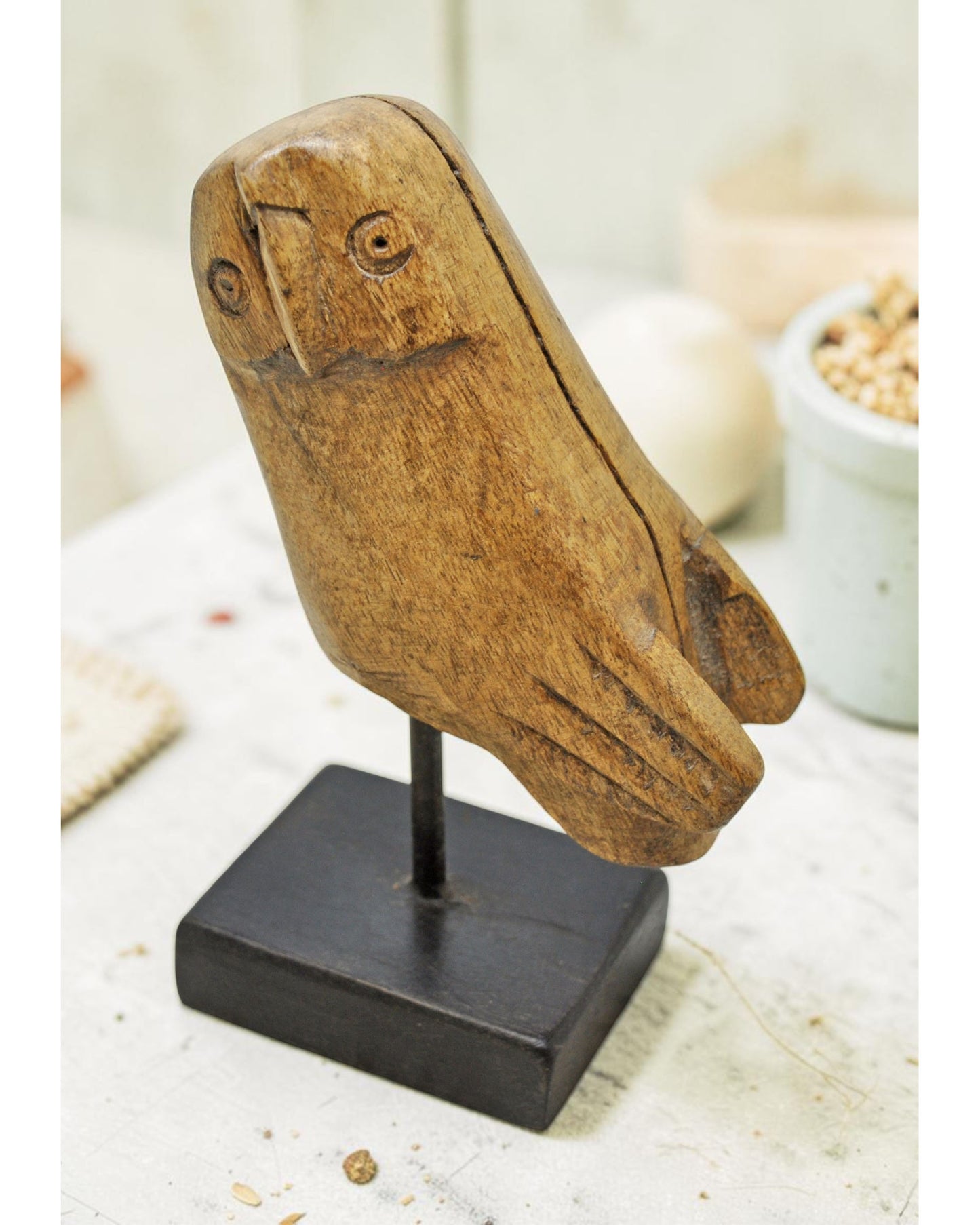 Vintage Wooden Owl Bird Figurine Original Old Hand Carved