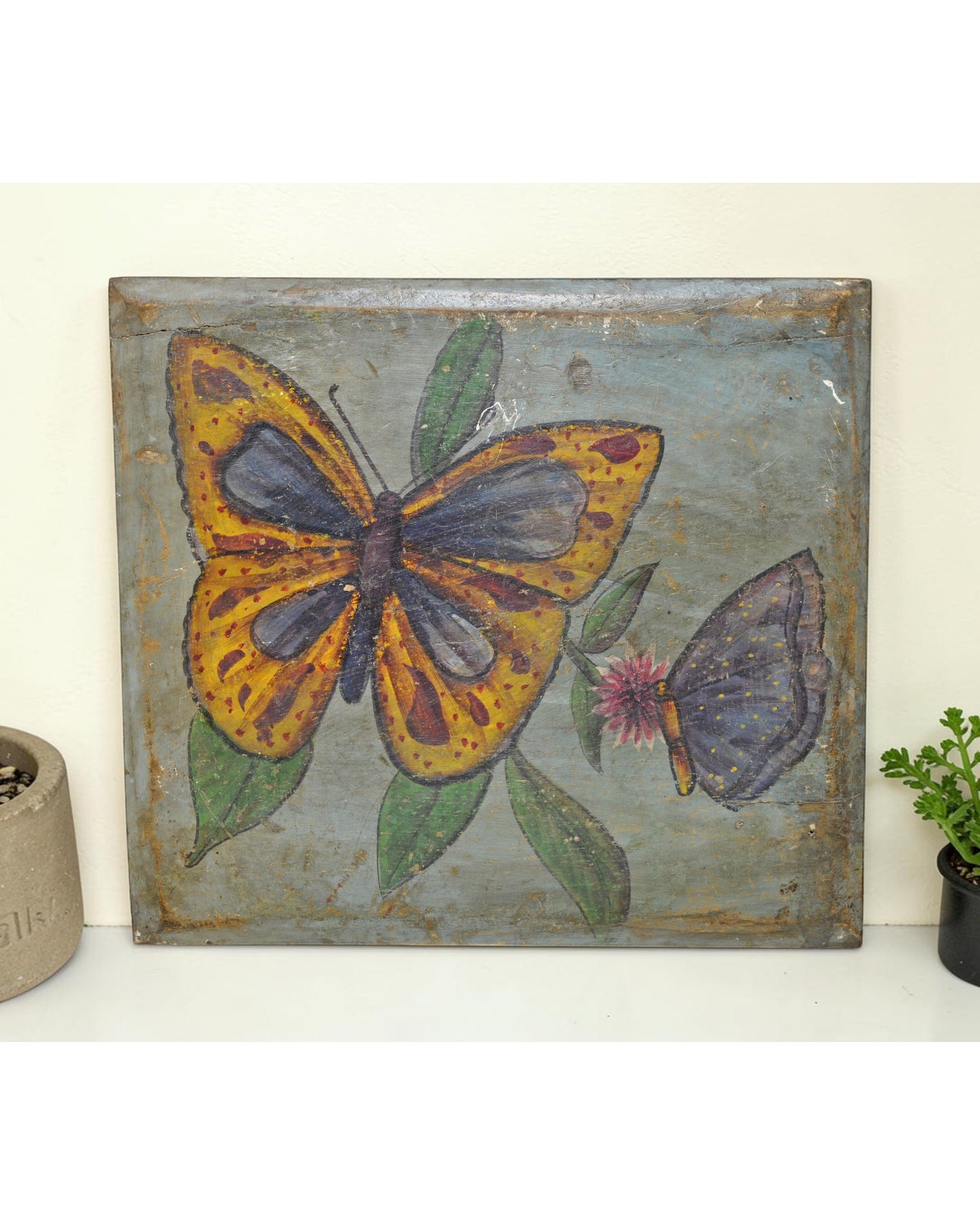 Vintage Wooden Wall Hanging Butterfly Painting Panel Original Old Fine Hand Painted