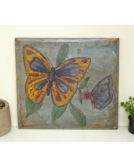 Vintage Wooden Wall Hanging Butterfly Painting Panel Original Old Fine Hand Painted