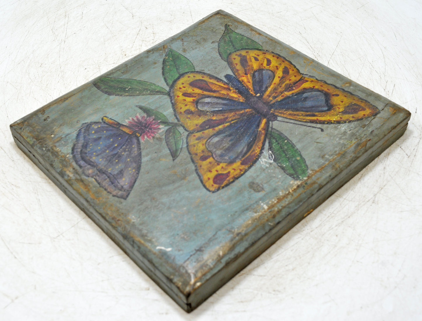 Vintage Wooden Wall Hanging Butterfly Painting Panel Original Old Fine Hand Painted