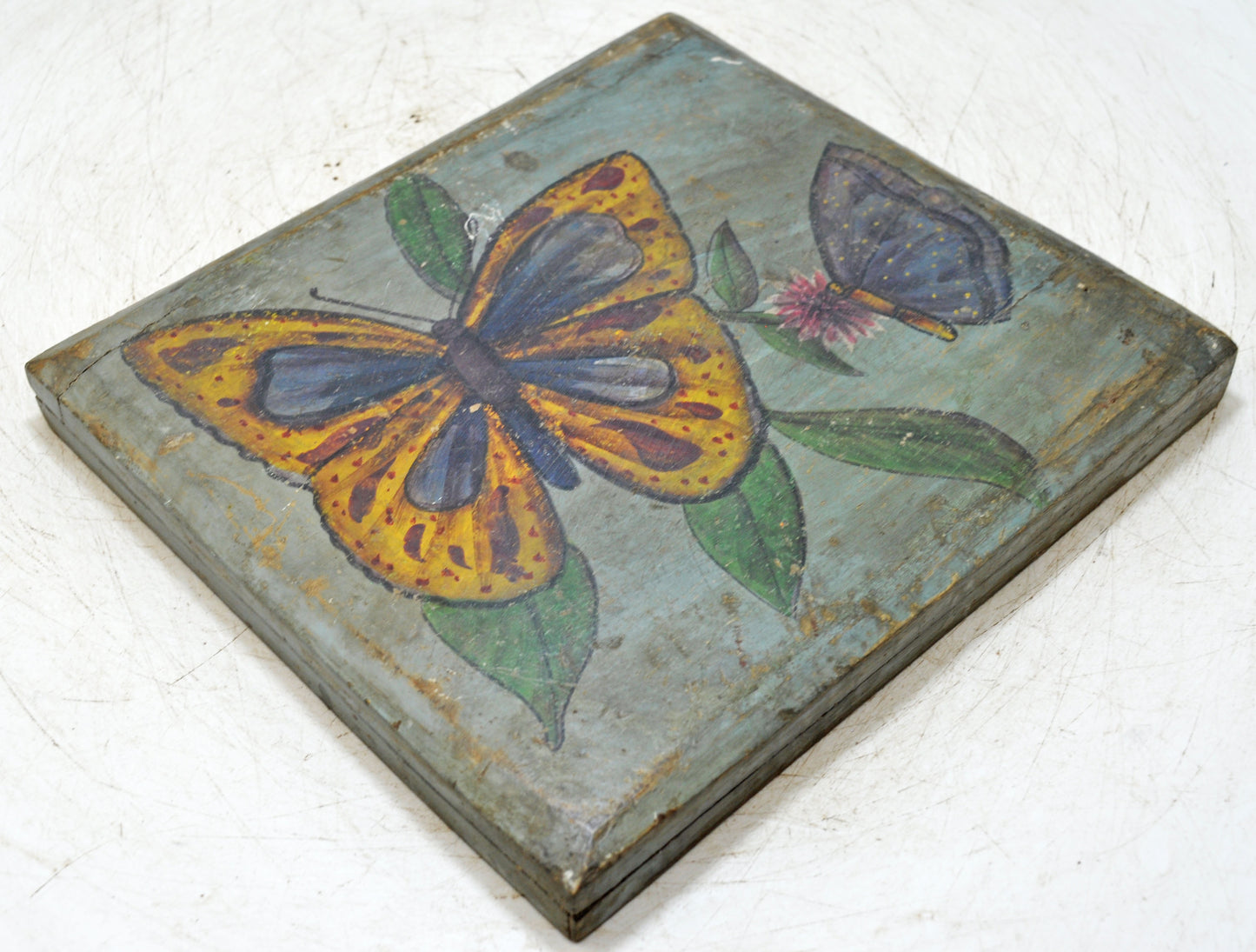 Vintage Wooden Wall Hanging Butterfly Painting Panel Original Old Fine Hand Painted