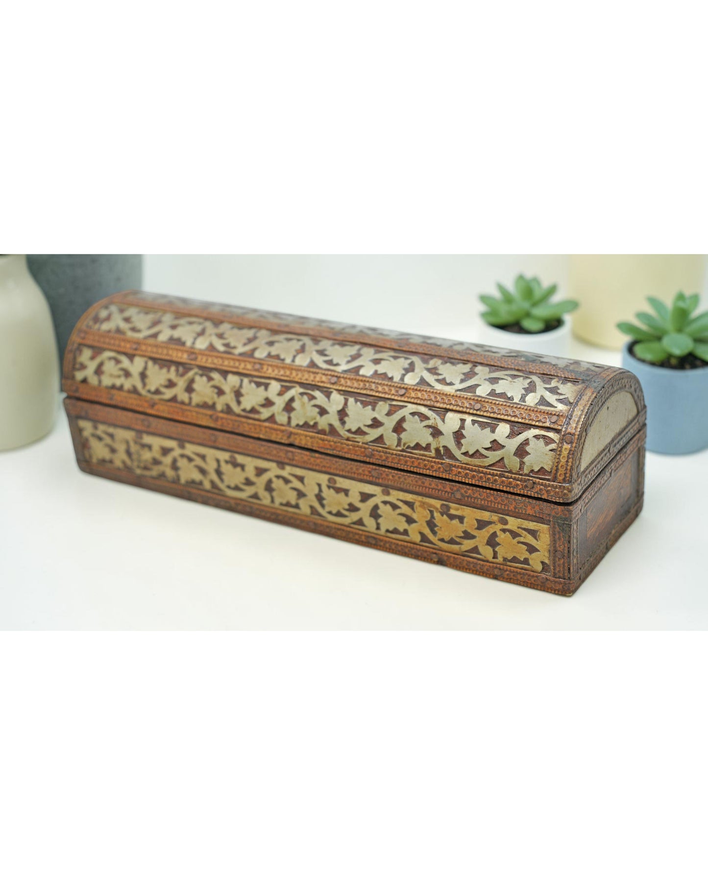 Vintage Wooden Pencil Stationary Box Original Old Hand Crafted Brass Fitted