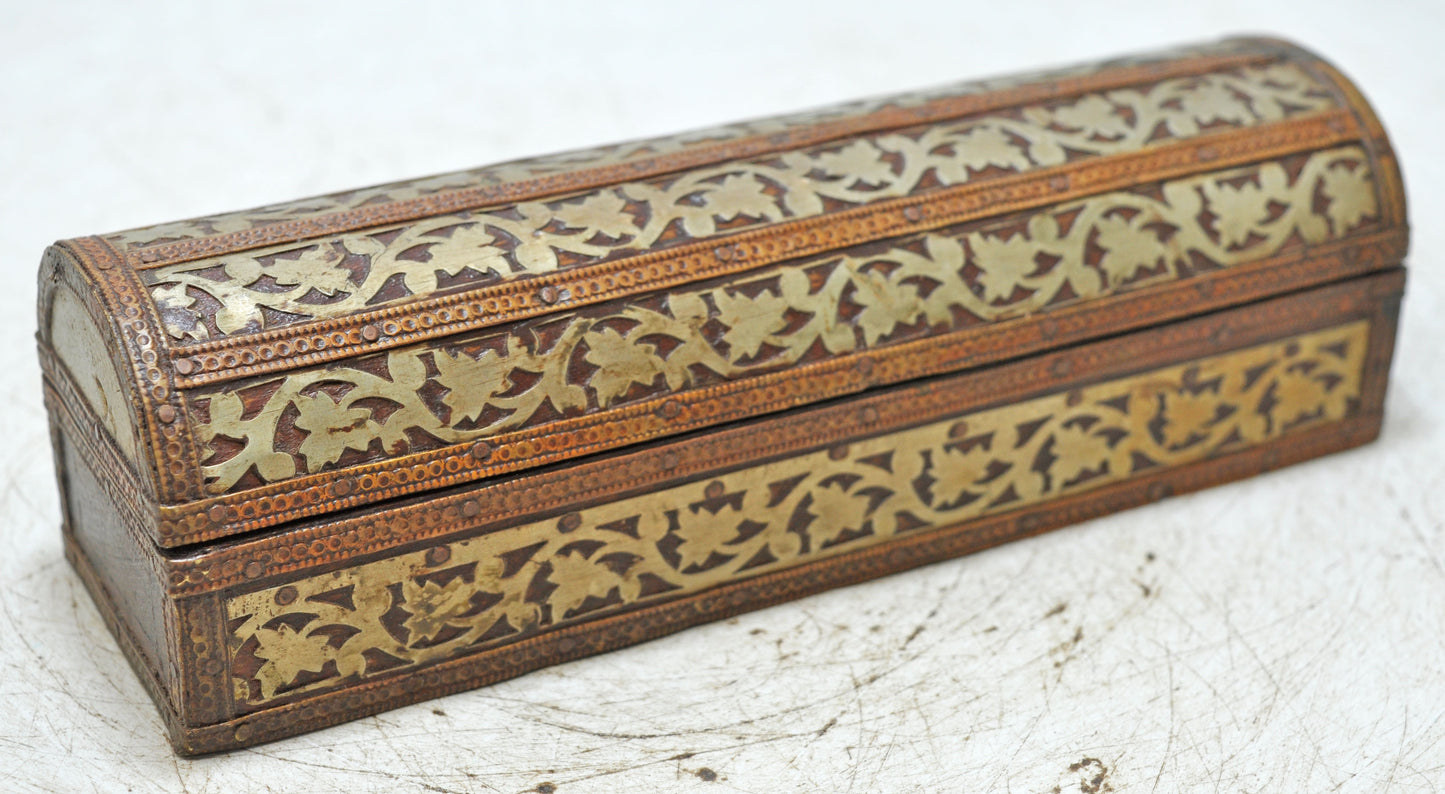 Vintage Wooden Pencil Stationary Box Original Old Hand Crafted Brass Fitted