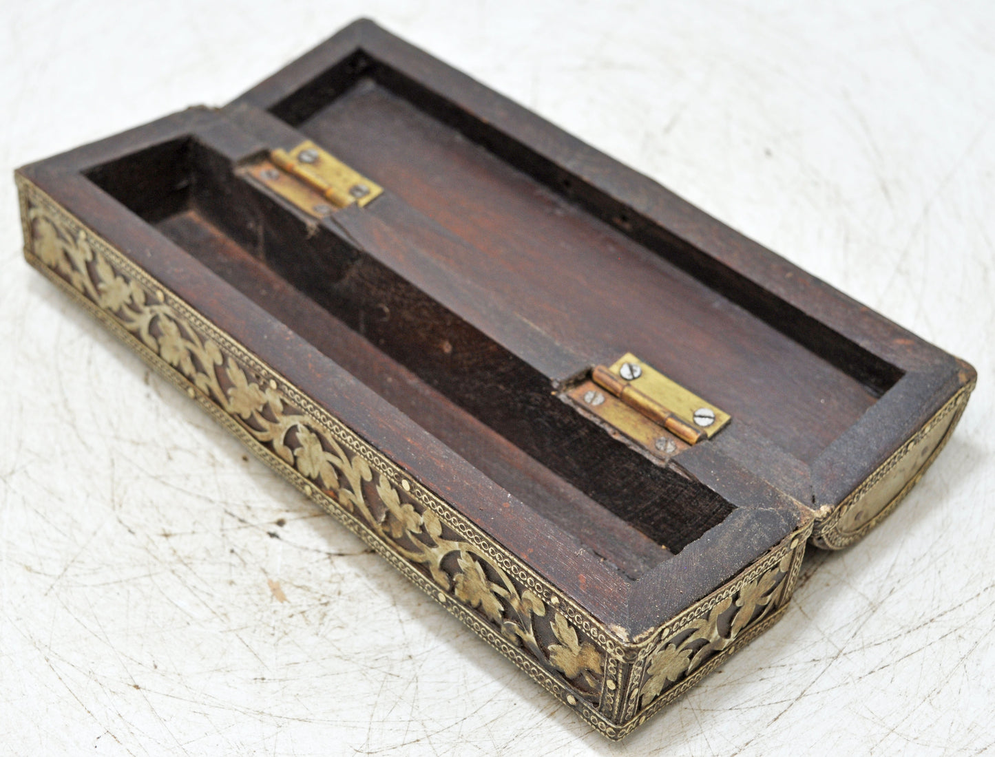 Vintage Wooden Pencil Stationary Box Original Old Hand Crafted Brass Fitted