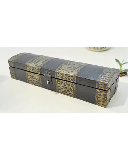 Vintage Wooden Pencil Stationary Box Original Old Hand Crafted Brass Fitted