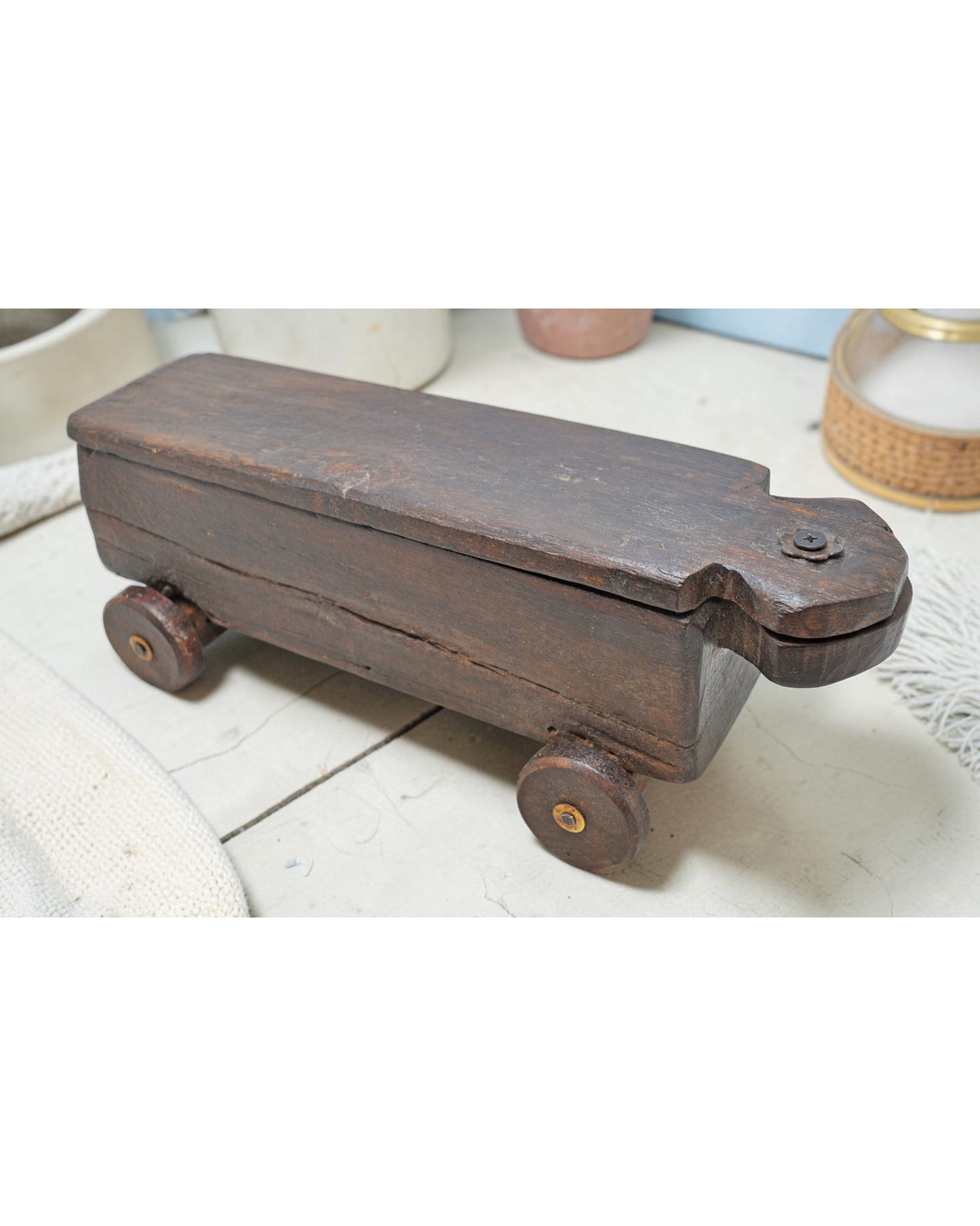 Antique Wooden Kitchenware Spice Box on Wheels Original Old Hand Carved