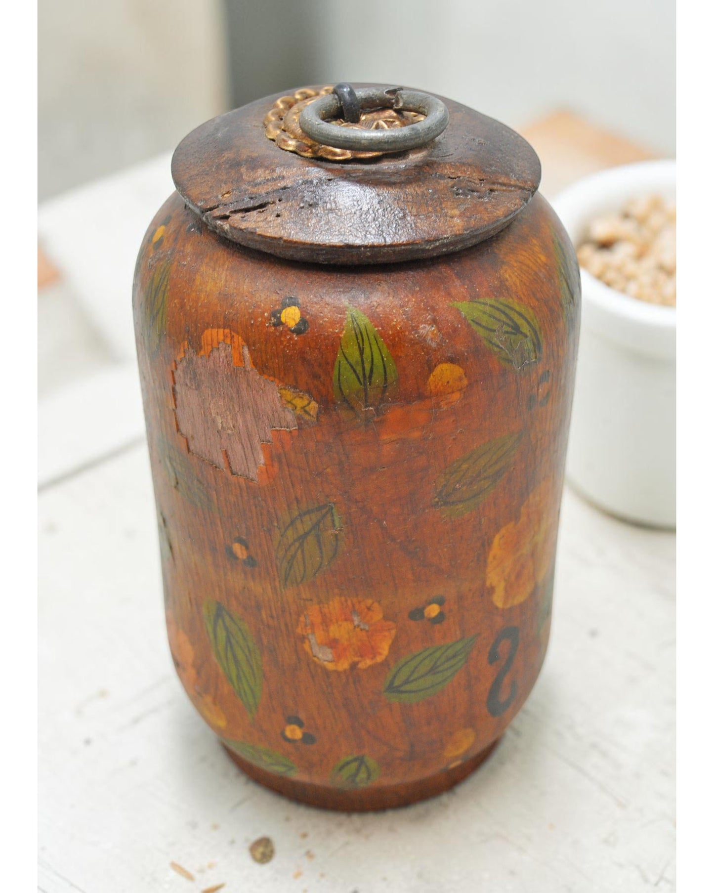 Vintage Wooden Kum Kum Powder Tika Box Original Old Hand Carved Painted