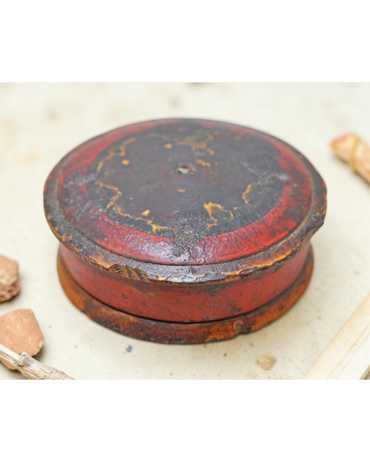Vintage Wooden Kum Kum Powder Tika Box Original Old Hand Carved Painted