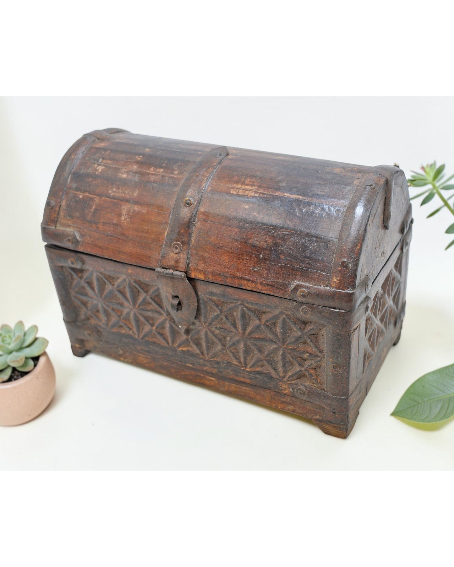 Vintage Wooden Half Round Storage Box Original Old Hand Crafted Carved
