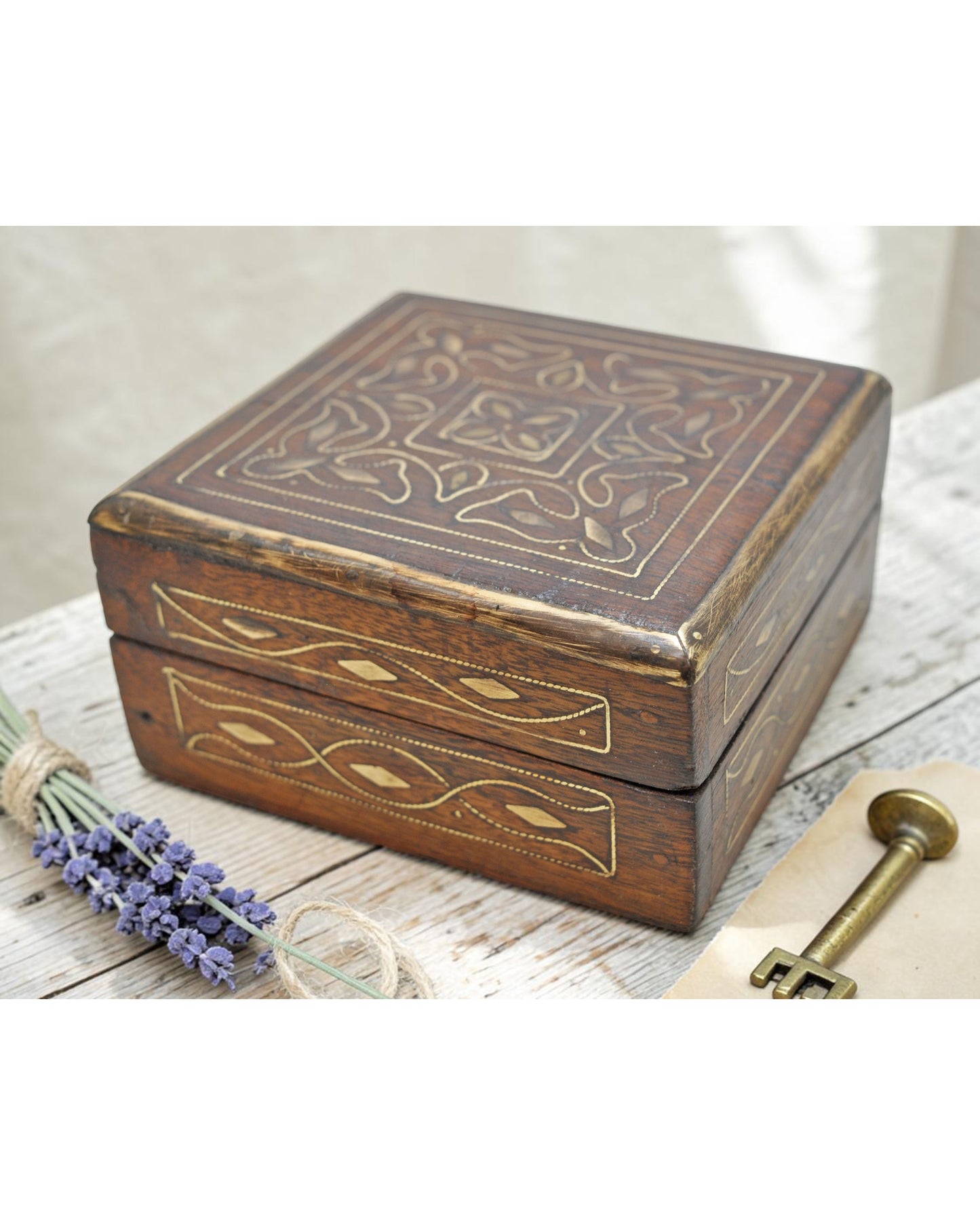 Vintage Wooden Small Square Jewelery Storage Box Original Old Fine Brass Inlay