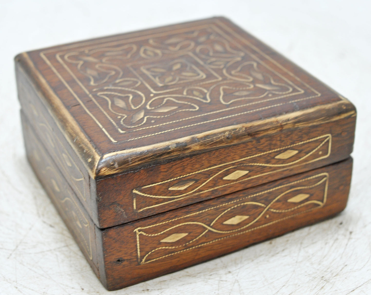 Vintage Wooden Small Square Jewelery Storage Box Original Old Fine Brass Inlay