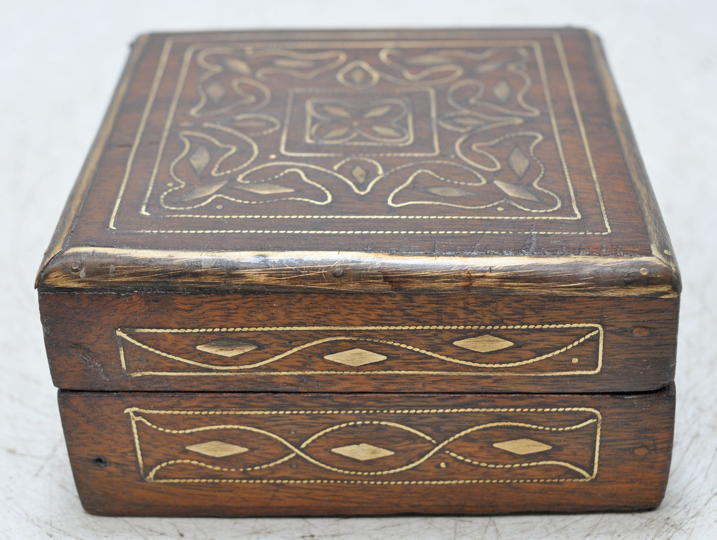 Vintage Wooden Small Square Jewelery Storage Box Original Old Fine Brass Inlay