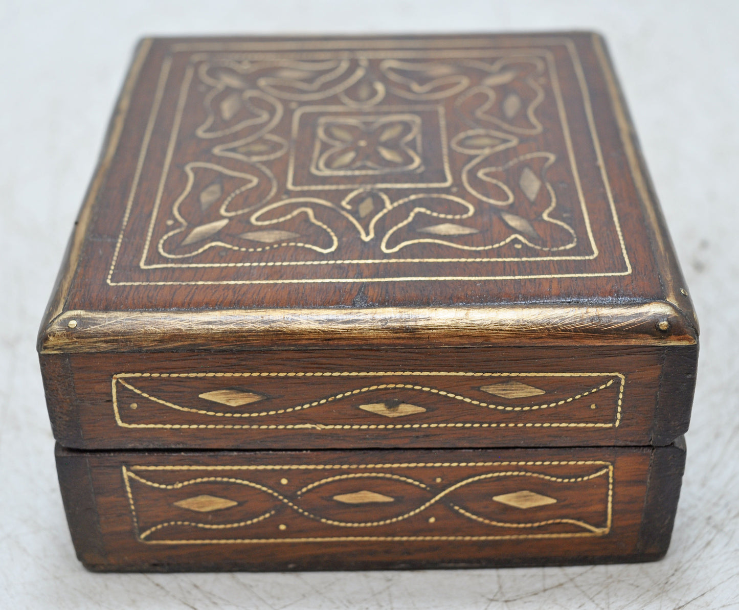 Vintage Wooden Small Square Jewelery Storage Box Original Old Fine Brass Inlay