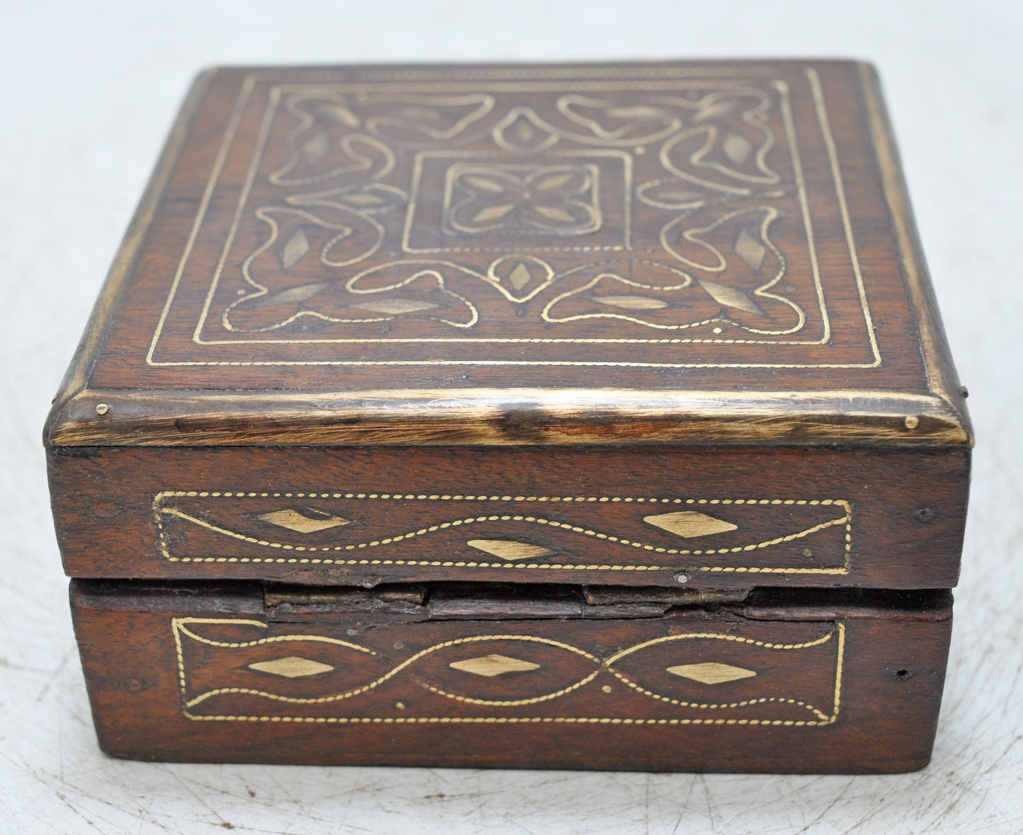 Vintage Wooden Small Square Jewelery Storage Box Original Old Fine Brass Inlay