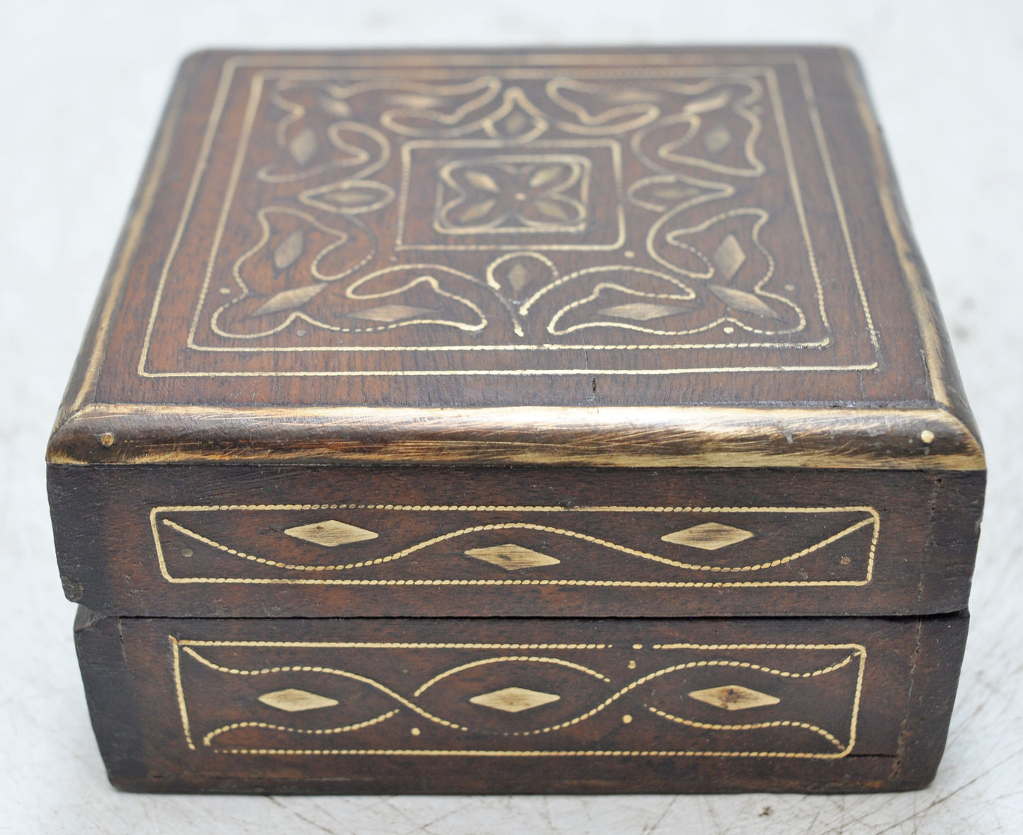 Vintage Wooden Small Square Jewelery Storage Box Original Old Fine Brass Inlay