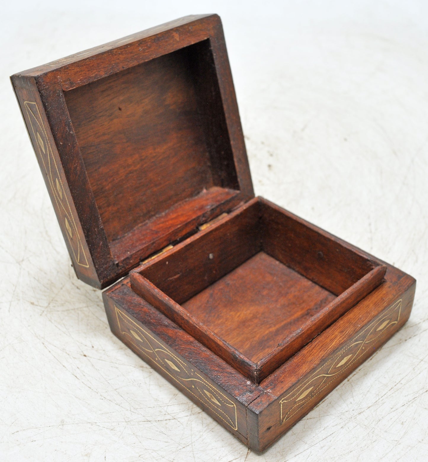 Vintage Wooden Small Square Jewelery Storage Box Original Old Fine Brass Inlay
