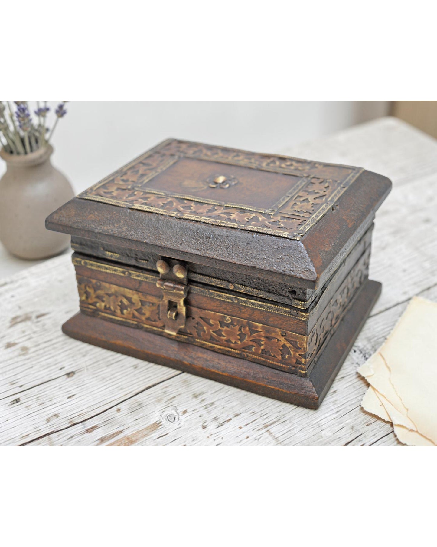 Vintage Wooden Small Square Jewelery Storage Box Original Old Fine Brass Fitted