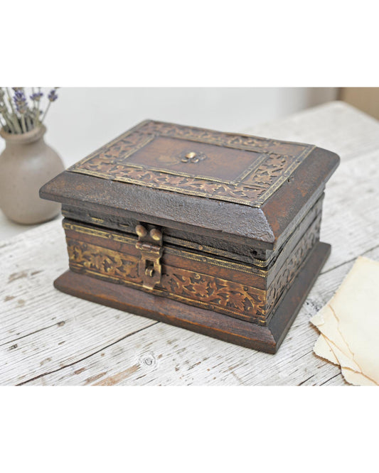 Vintage Wooden Small Square Jewelery Storage Box Original Old Fine Brass Fitted