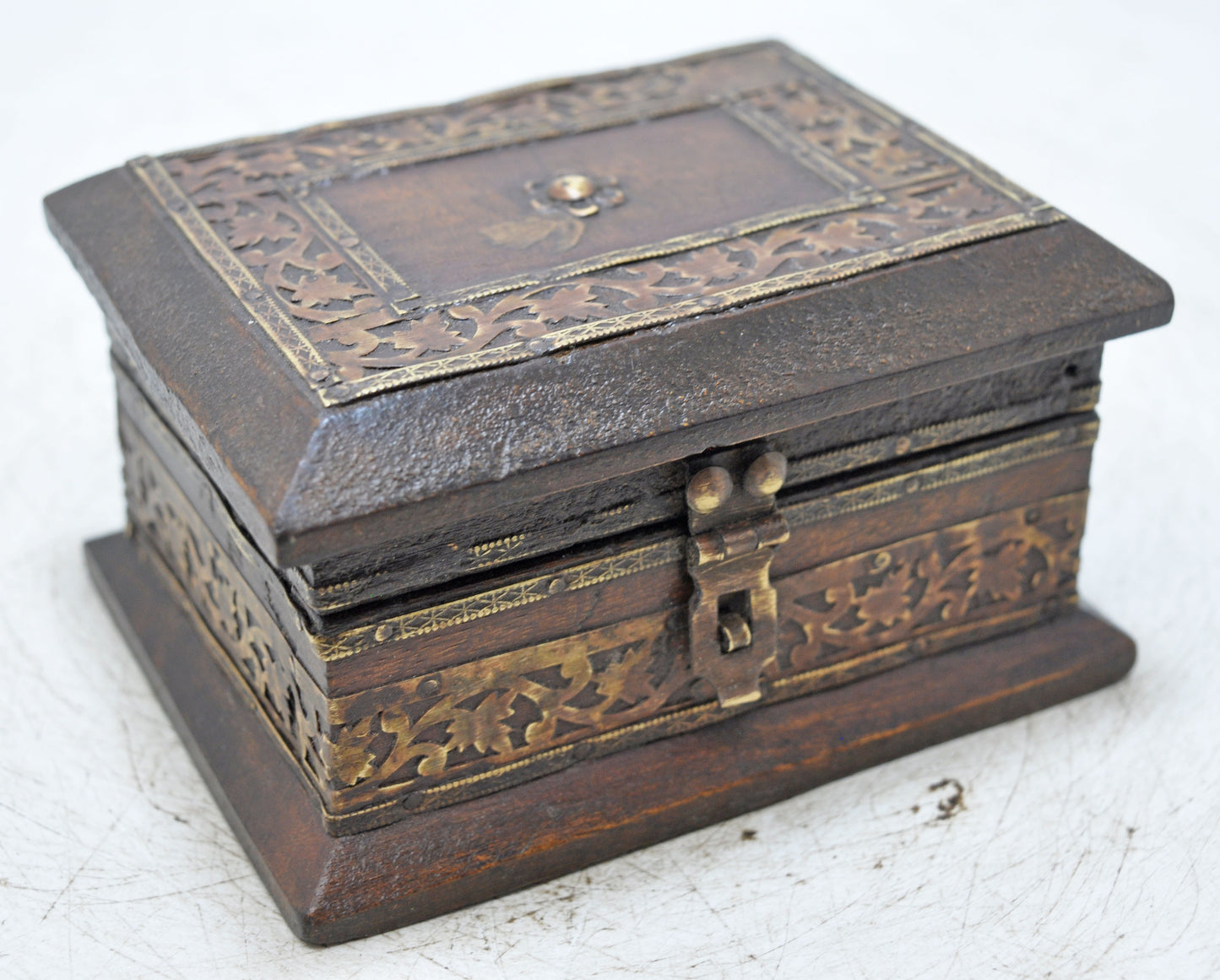 Vintage Wooden Small Square Jewelery Storage Box Original Old Fine Brass Fitted