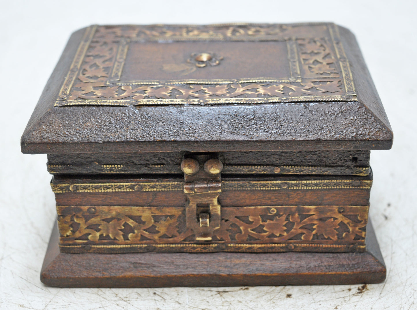 Vintage Wooden Small Square Jewelery Storage Box Original Old Fine Brass Fitted