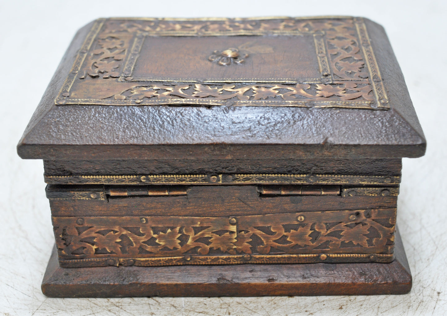 Vintage Wooden Small Square Jewelery Storage Box Original Old Fine Brass Fitted