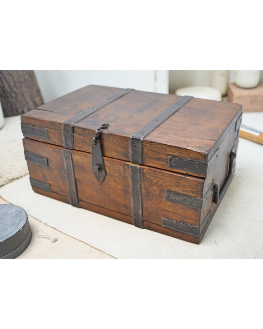 Vintage Wooden Storage Box Original Old Hand Crafted Metal Fitted