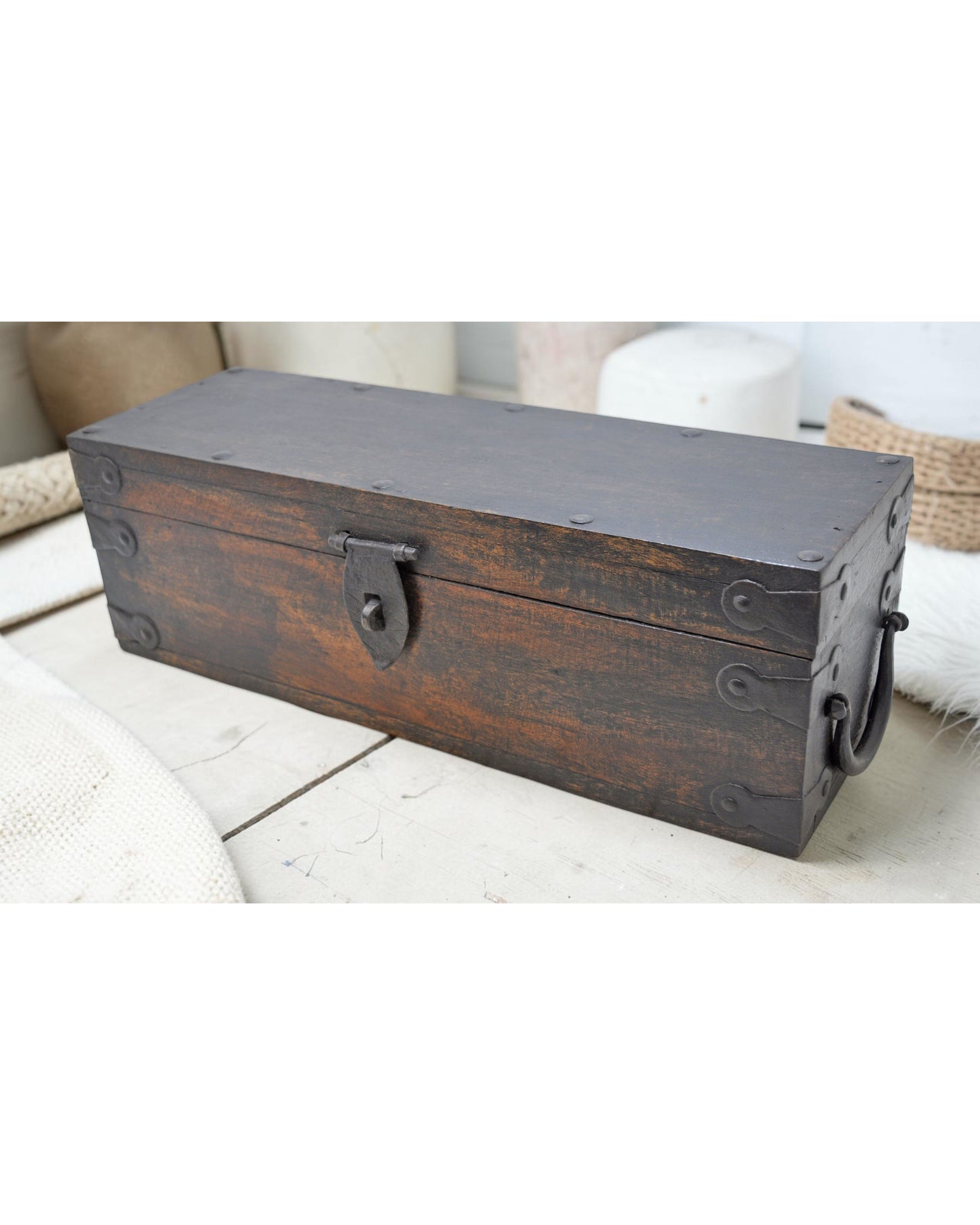 Vintage Wooden Long Storage Box Original Old Hand Crafted Metal Fitted