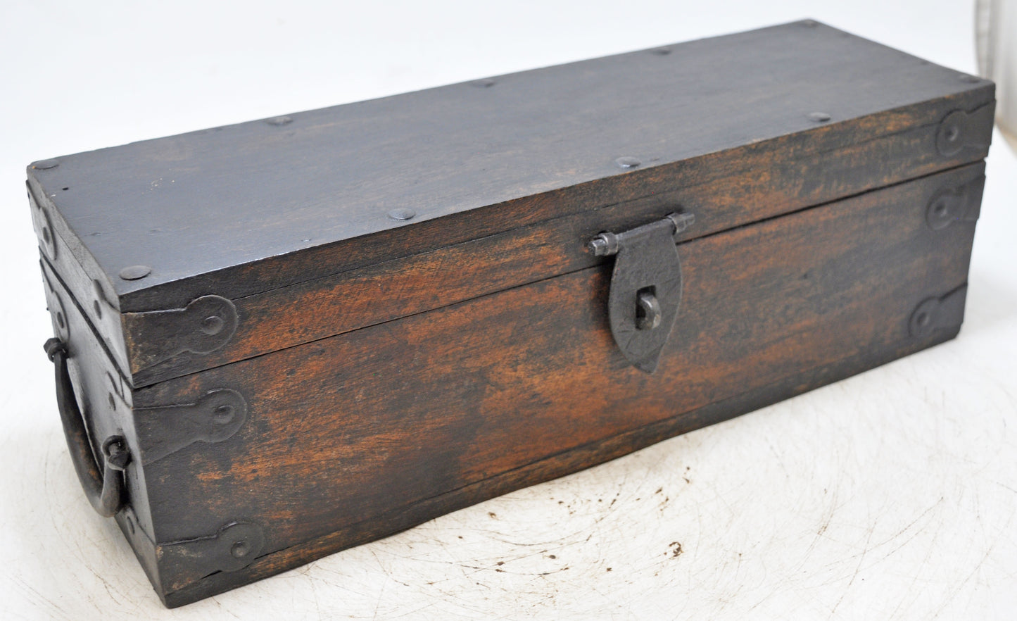 Vintage Wooden Long Storage Box Original Old Hand Crafted Metal Fitted