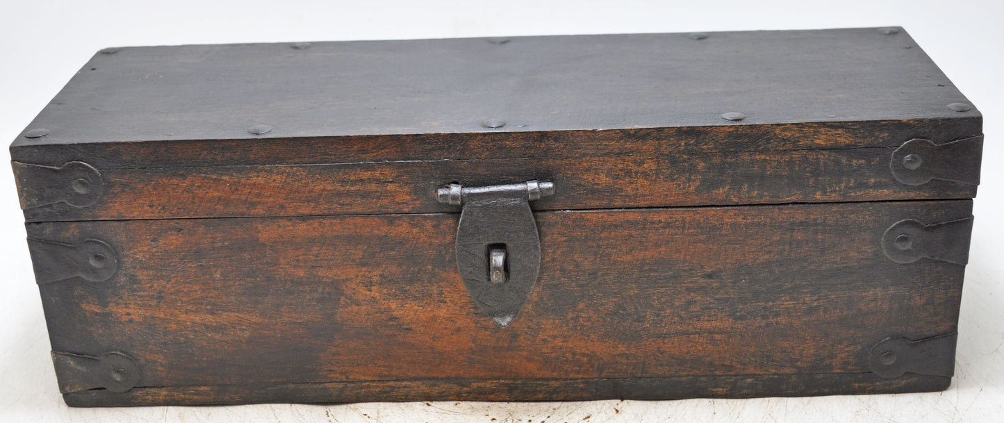Vintage Wooden Long Storage Box Original Old Hand Crafted Metal Fitted
