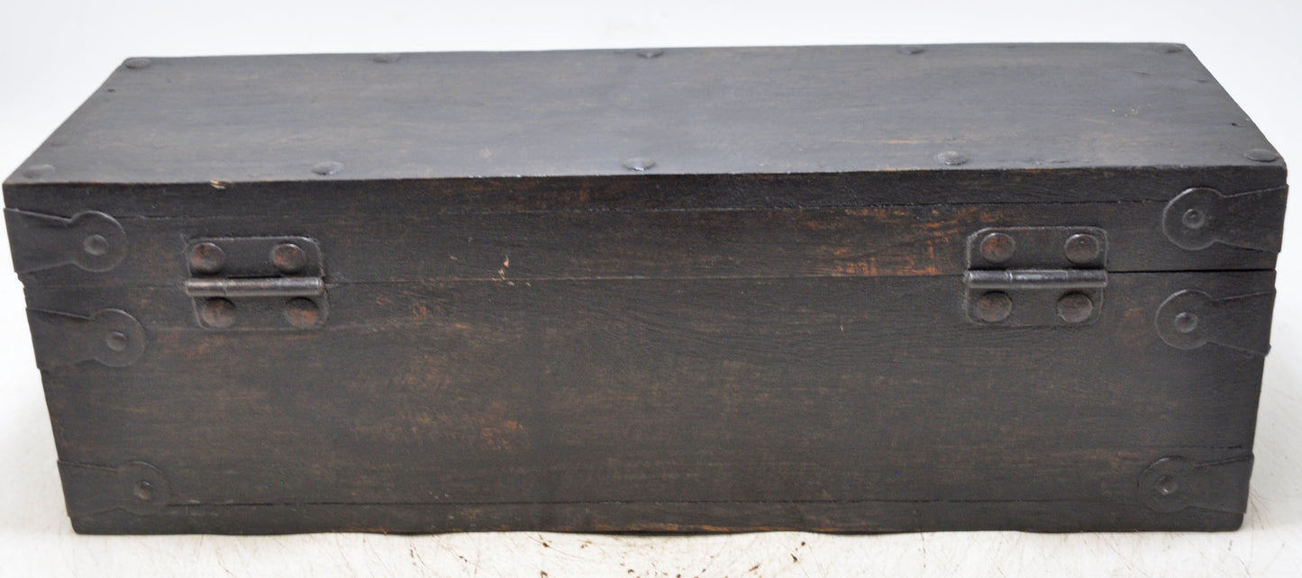 Vintage Wooden Long Storage Box Original Old Hand Crafted Metal Fitted