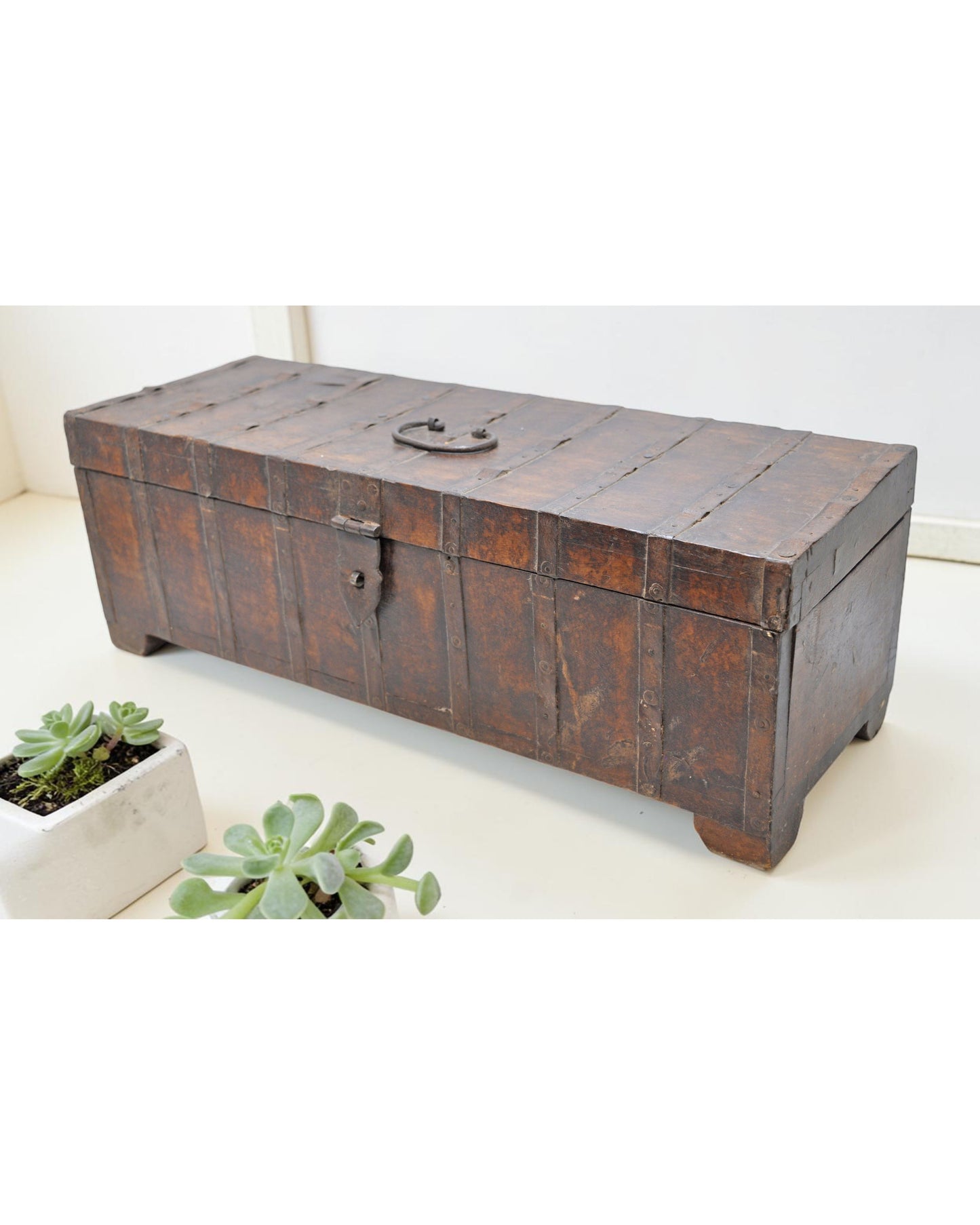 Vintage Wooden Long Storage Box Original Old Hand Crafted Metal Fitted