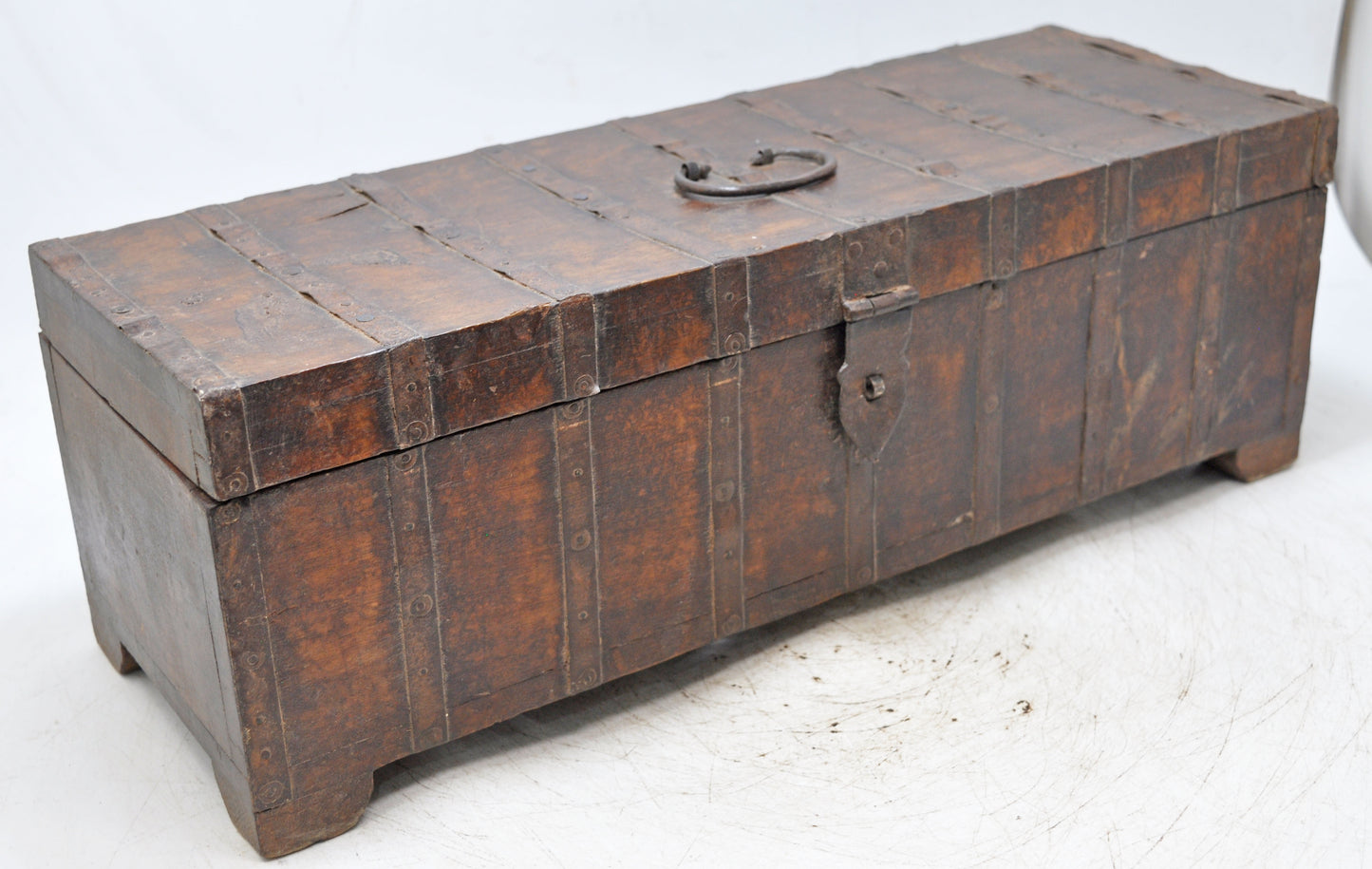 Vintage Wooden Long Storage Box Original Old Hand Crafted Metal Fitted