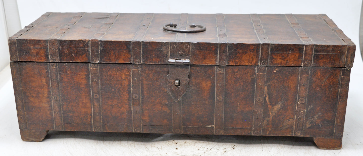 Vintage Wooden Long Storage Box Original Old Hand Crafted Metal Fitted