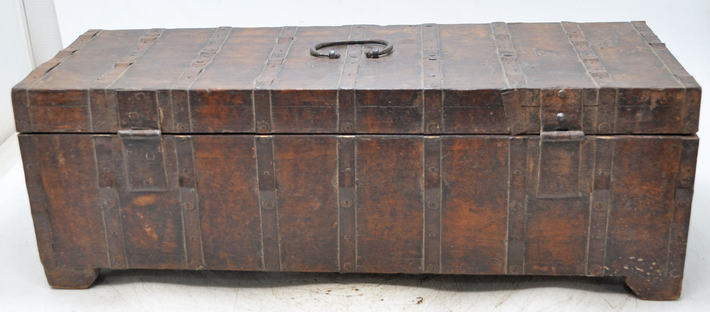 Vintage Wooden Long Storage Box Original Old Hand Crafted Metal Fitted