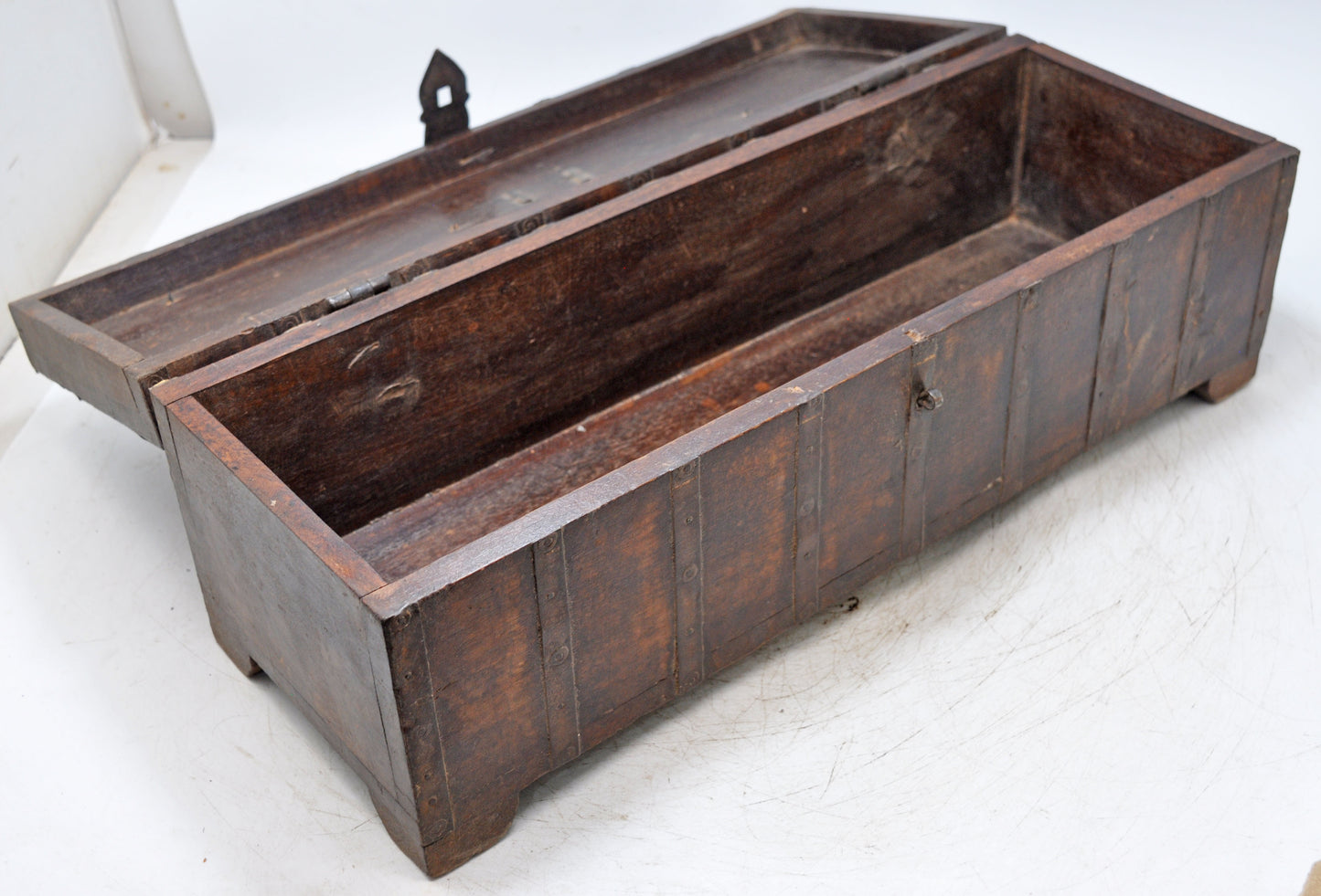 Vintage Wooden Long Storage Box Original Old Hand Crafted Metal Fitted