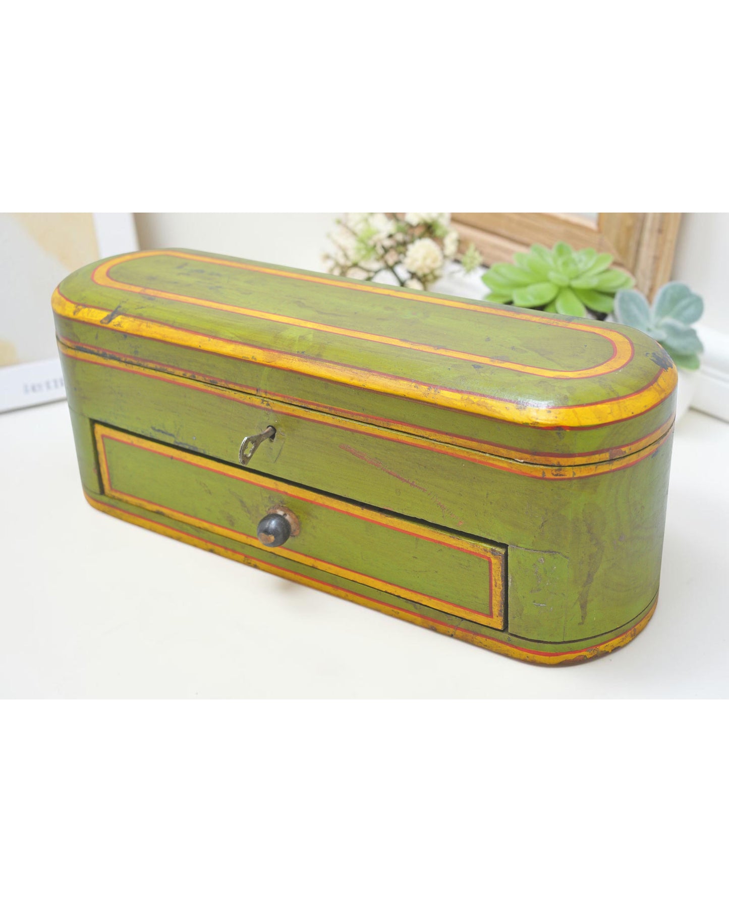 Vintage Wooden Oval Pencil Stationary Box Original Old Hand Crafted Painted