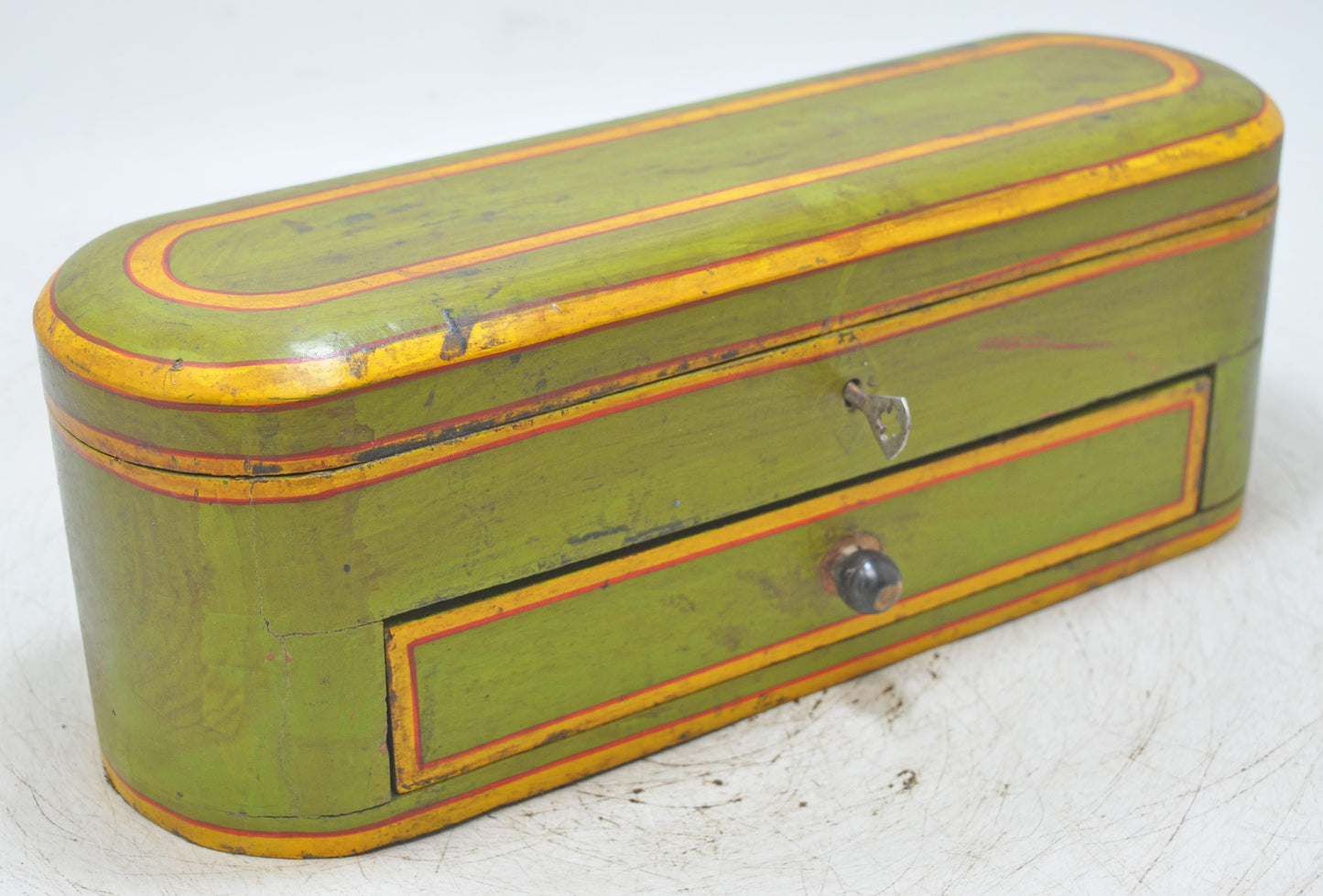 Vintage Wooden Oval Pencil Stationary Box Original Old Hand Crafted Painted