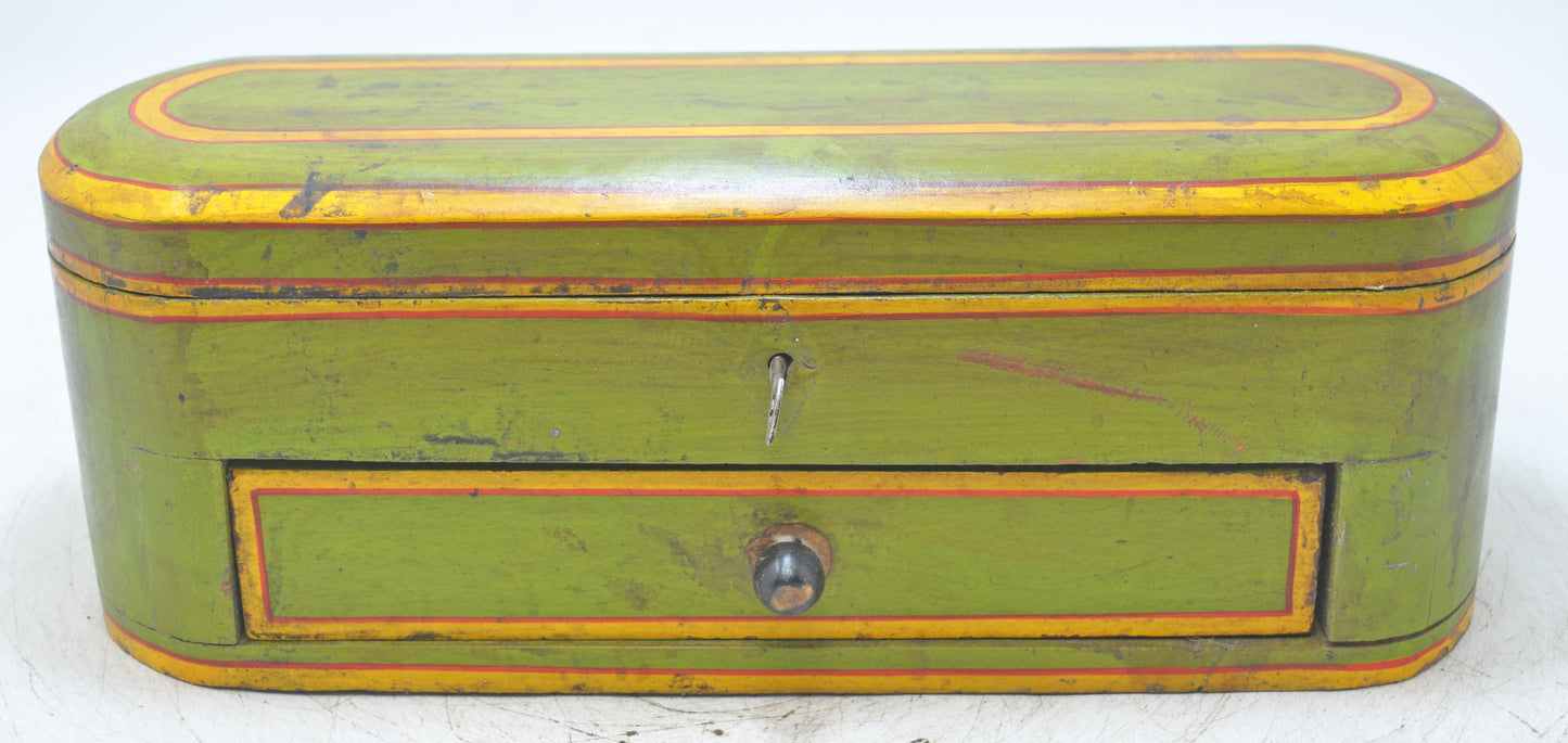 Vintage Wooden Oval Pencil Stationary Box Original Old Hand Crafted Painted