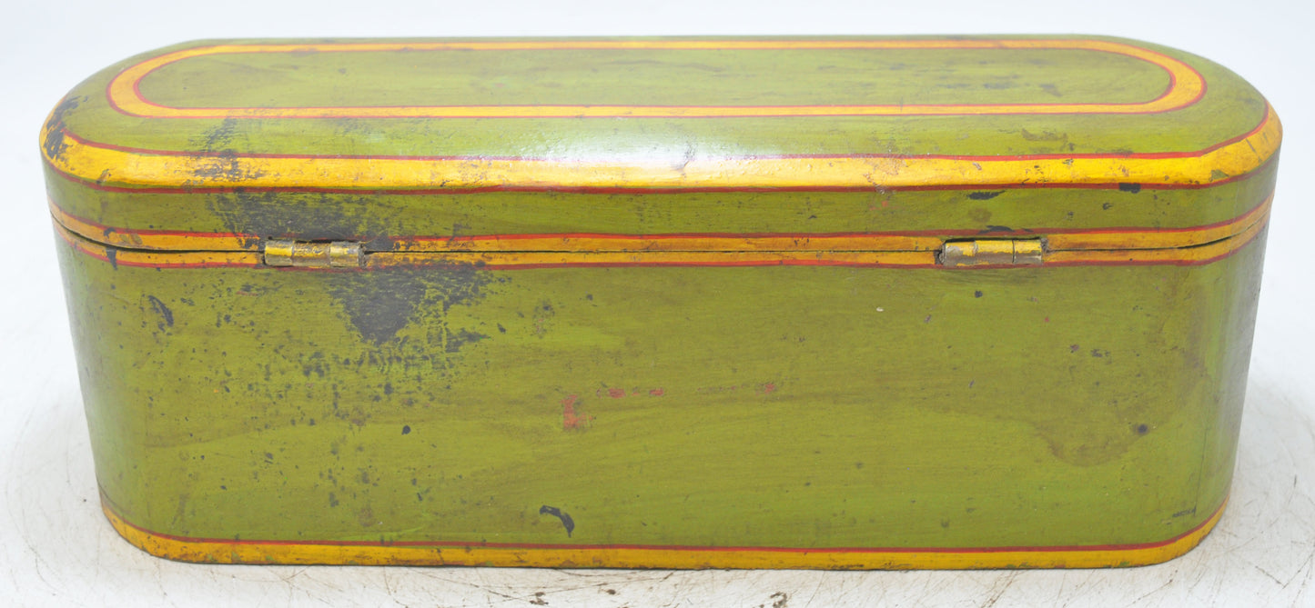 Vintage Wooden Oval Pencil Stationary Box Original Old Hand Crafted Painted