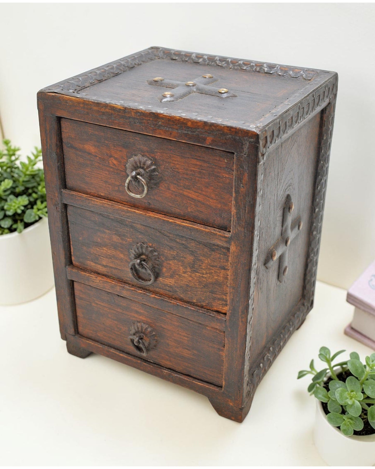 Vintage Wooden 3 Drawers Storage Box Original Old Hand Crafted
