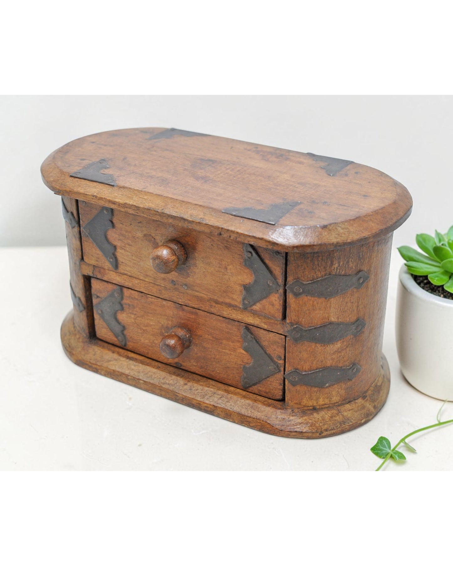 Vintage Wooden Oval 2 Drawers Storage Box Original Old Hand Crafted