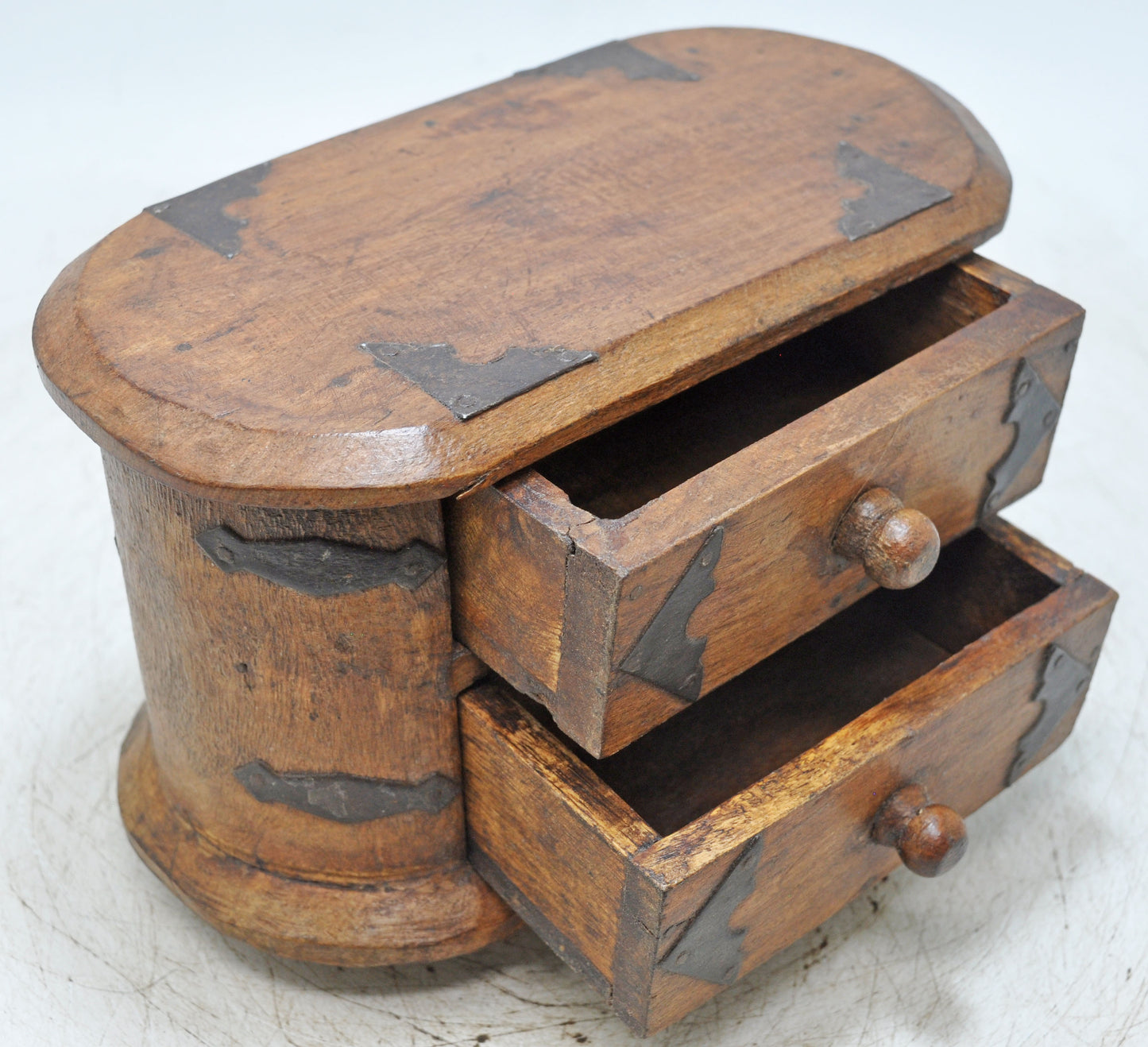 Vintage Wooden Oval 2 Drawers Storage Box Original Old Hand Crafted