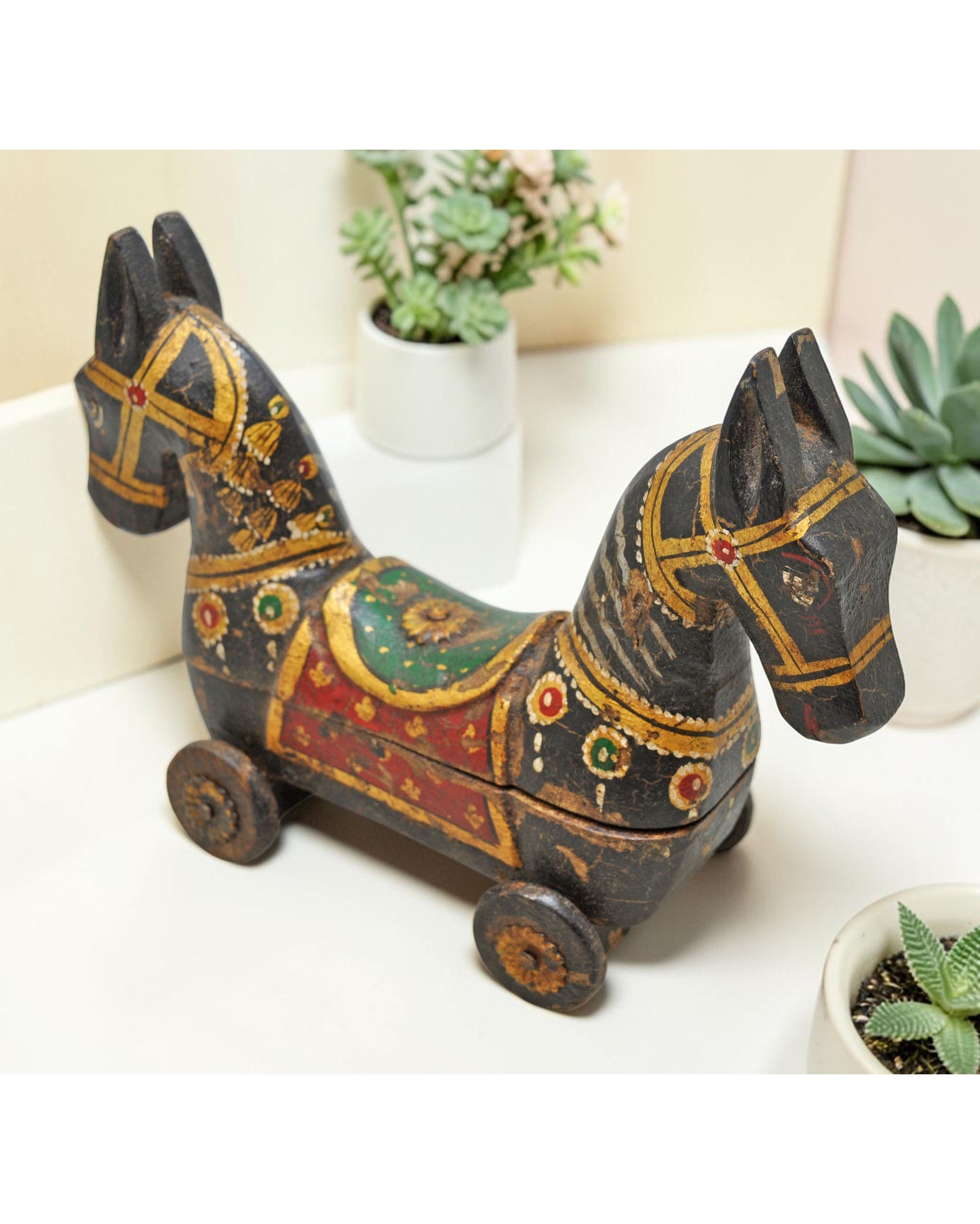Vintage Wooden Horse on Wheels Figurine Spice Box Original Old Fine Carved Painted